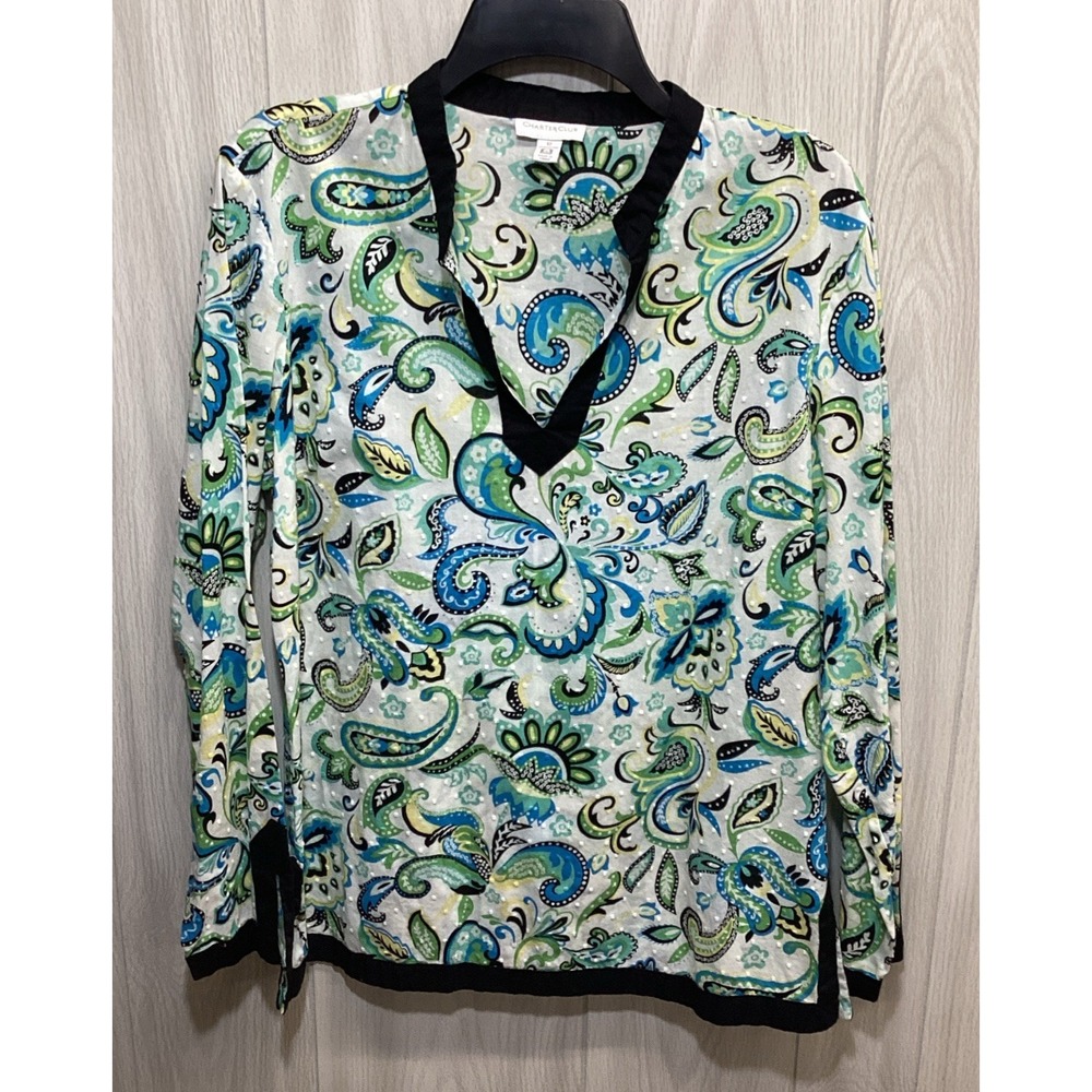 CHARTER CLUB Women's (Size 12) Long Sleeve V-Neck Paisleyโ Shirt 100% Cotton